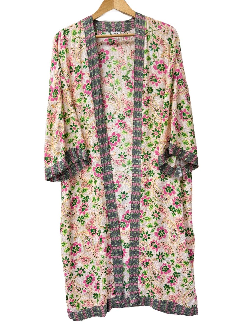 Aerie Boho Long Floral Cape Kimono Duster Paisley Pink Green M/L EUC